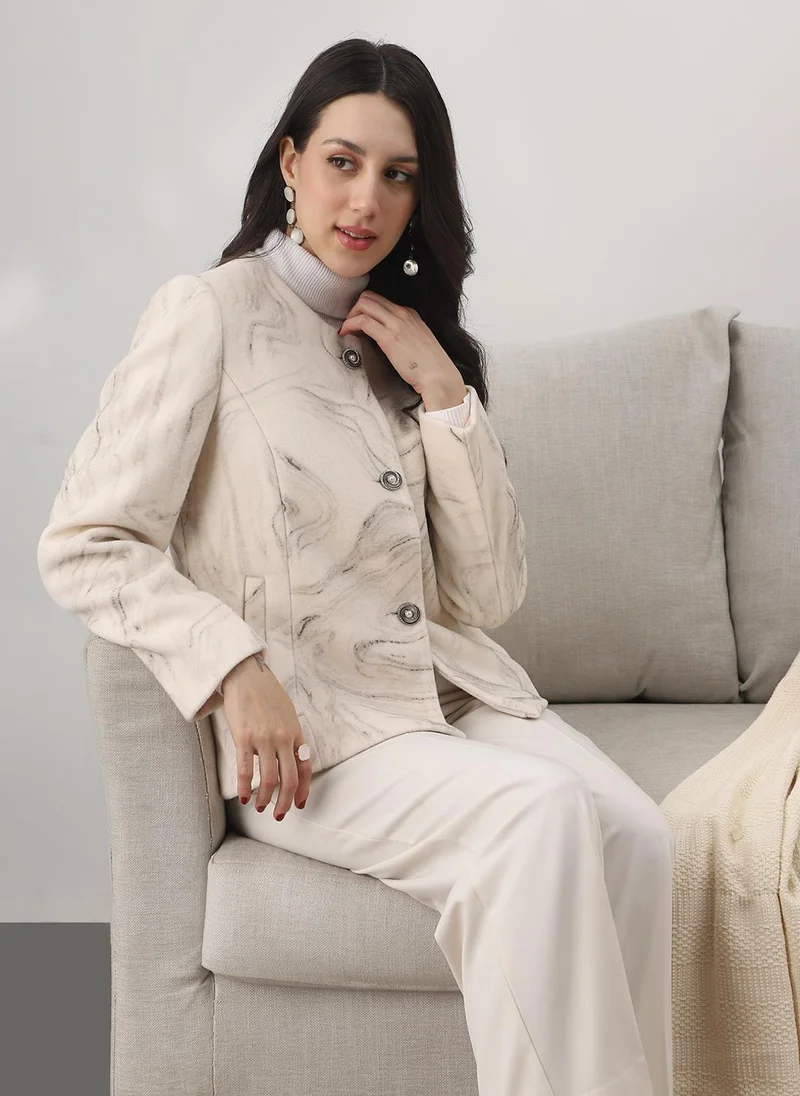 جلو باص Globus Women Off White Round Neck Long Sleeves Self Design Winter Wear Overcoat